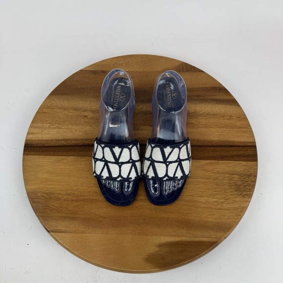 Womens Valentino Garavani Vlogo 50 Toile Navy Blue Heeled Slides Sandals Size 37 - Picture 6 of 10